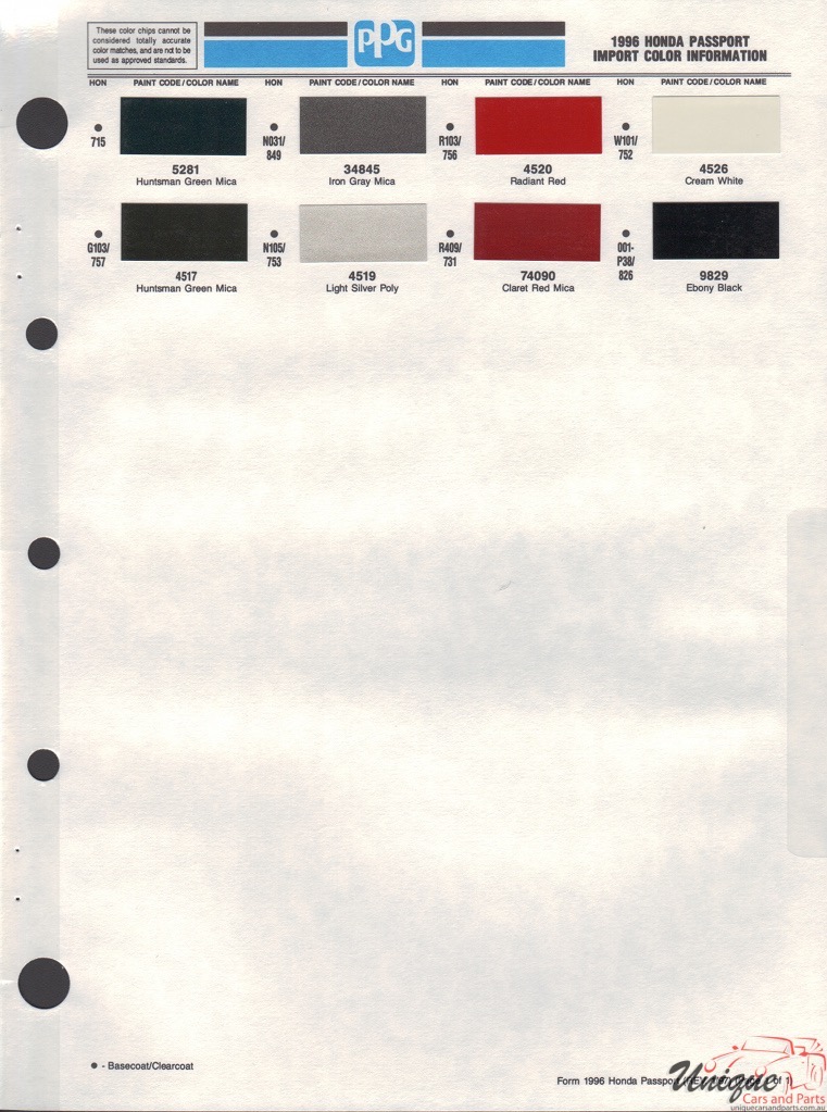 1996 Honda Passport Paint Charts PPG